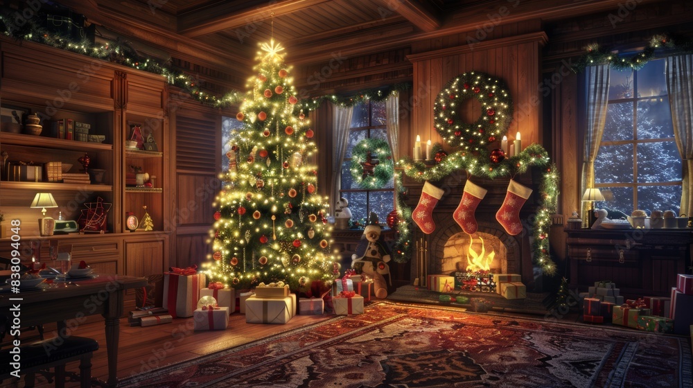 Fototapeta premium Interior christmas. magic glowing tree, fireplace, gifts.
