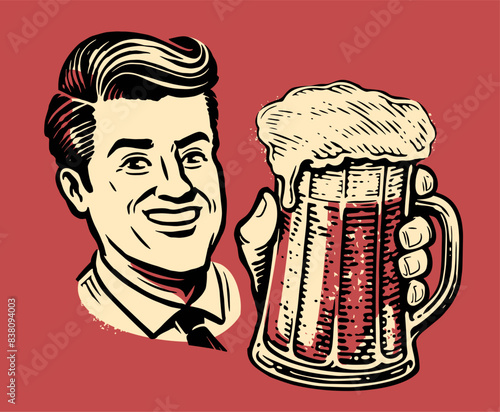 Happy man with glass mug of foaming ale in hand. Vintage beer poster. Pub retro advertising, vector illustration