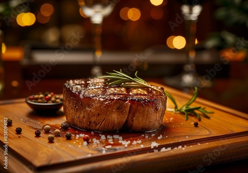 Grilled Steak With Rosemary and Salt on Wooden Board