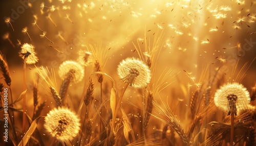 Close-up of dandelion flowers growing among rice paddies in late afternoon light photo