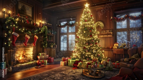 Interior christmas. magic glowing tree, fireplace, gifts. © Chinases