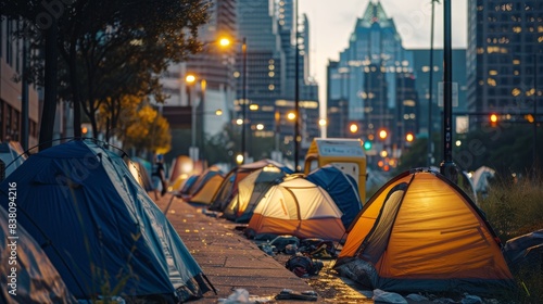 Row of tents used by homeless people in a city street at dusk