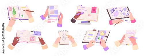 Hands writing and drawing. Hand painting, making notes, writes diary or wishlist. Teenager to do list, business planners, paper artbook, racy vector set