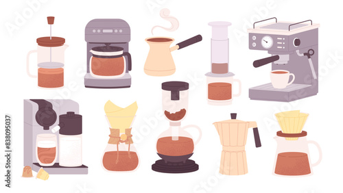 Coffee makers. French press filter and capsules. Espresso machine and cezve. Cafe or bakery equipment for morning energy hot drinks, racy vector set