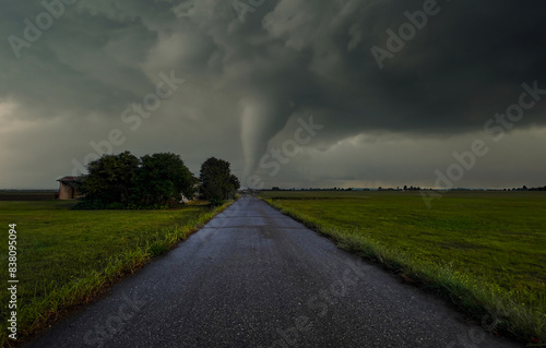 Tornado over cultivated fields, flat landscape