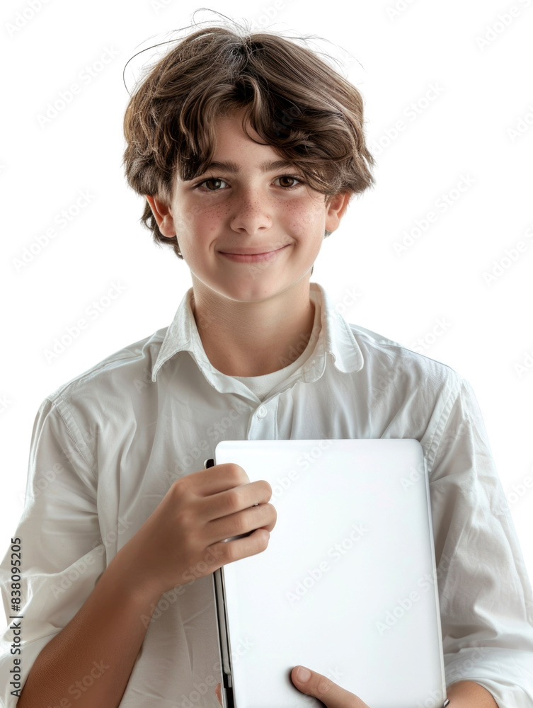 Young student wear school uniform holding computer