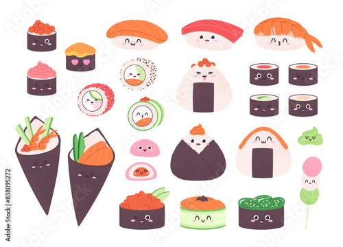Sushi characters. Cute onigiri and rolls, funny faces traditional asian food. Positive childish character, snacks from rice and seafood racy vector set