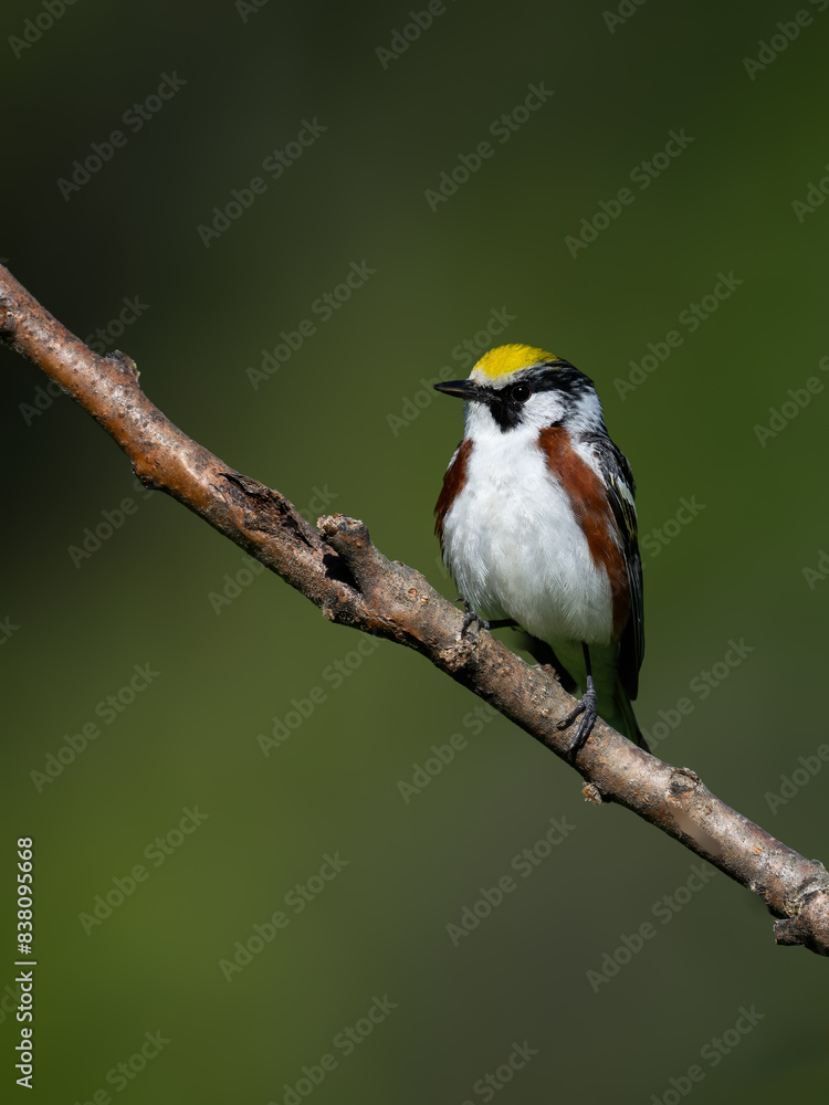 Fototapeta premium Chestnut-sided Warbler on sumac tree branch on green background