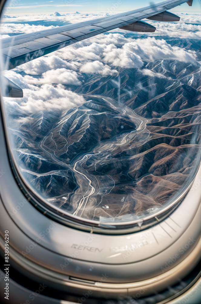 Obraz premium View from an airplane window to a mountain and a rock. Flying on an airplane. Organizing your holiday travel