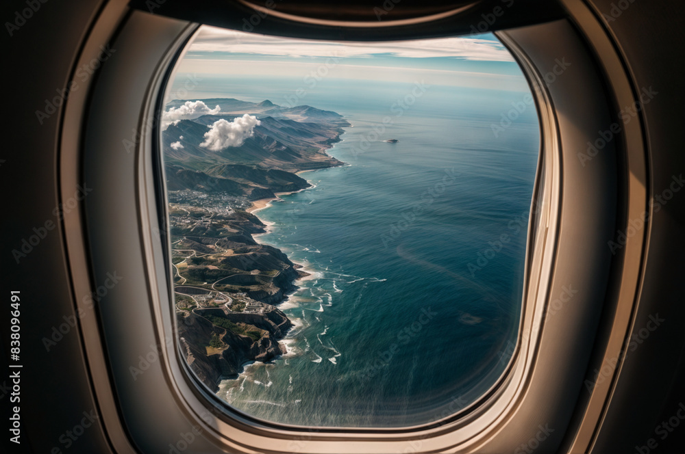 View from the airplane window to the beach and sea, ocean. Flying on an airplane. Organizing your holiday travel View from the airplane window to the beach and sea, ocean. Flying on an airplane. Organizing your holiday travel