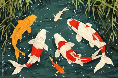 Bamboo and koi fish, vibrant hues, flat design, aquatic theme photo