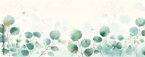 A light watercolor background with eucalyptus leaves forming a horizontal line across the bottom, offering free copy space above for text