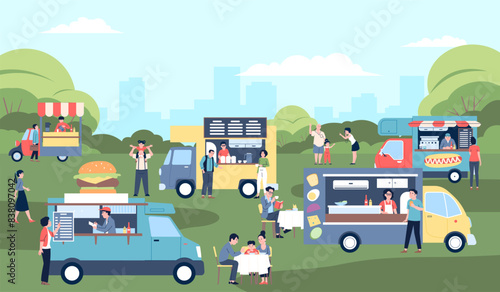 Food festival. Market stalls, cafe trucks and vans with snacks and drinks. City park entertainment or fest, spring summer recent vector scene