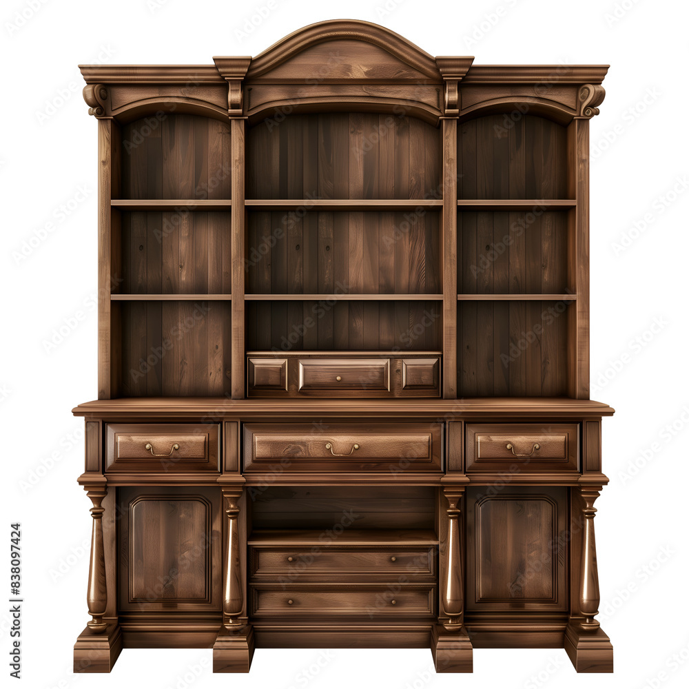 Elegant Wooden Hutch With Open Shelves and Drawers for Home Office Storage, Isolated on a Transparent Background, Graphic Resource Elegant Wooden Hutch With Open Shelves and Drawers for Home Office Storage, Isolated on a Transparent Background, Graphic Resource