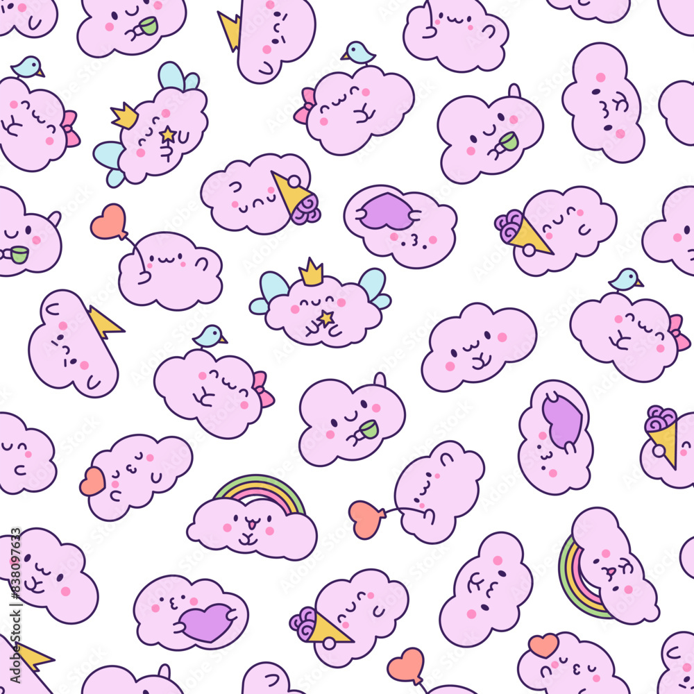 Fototapeta premium Cute and kawaii cloud. Seamless pattern. Cartoon weather character. Hand drawn style. Vector drawing. Design ornaments.