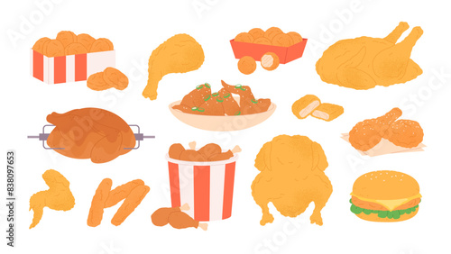 Fried chicken fast food. Crispy chicken wings and legs, stripes and balls in paper bucket. Meals for eating to go popular meals, restaurant dish racy vector set