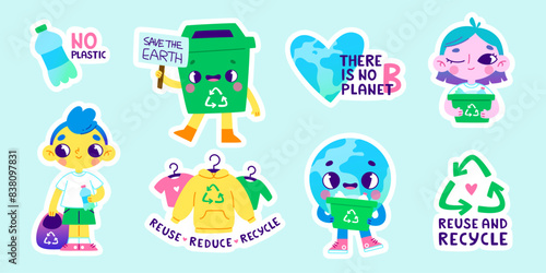 Cartoon sticker set about recycling for kids. Vector ecology sticker collection with cute characters.