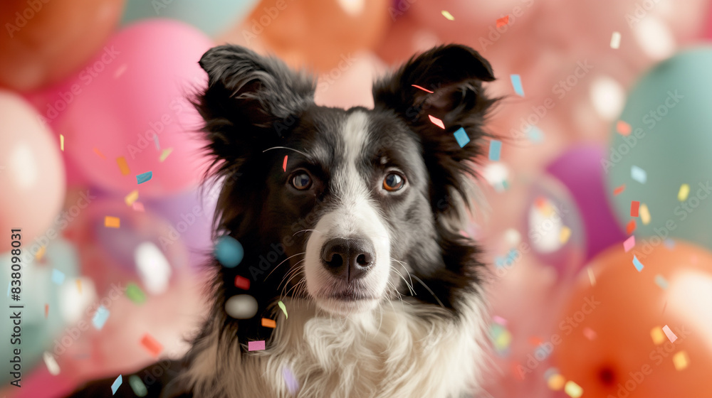 Portrait of a dog with balloons and confetti in the background, front view Portrait of a dog with balloons and confetti in the background, front view