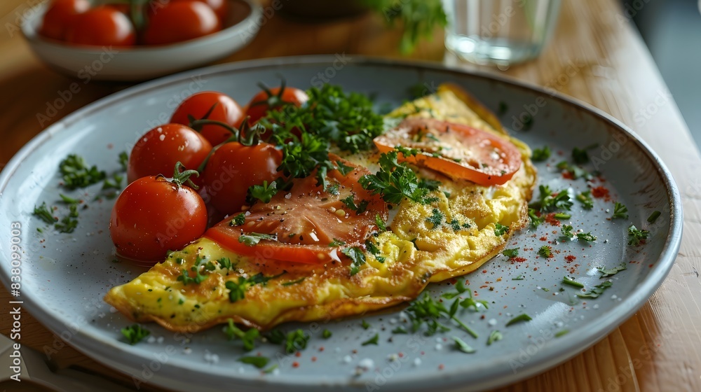A golden omelette with tomato slices, beautifully arranged on the plate, ready to be served for breakfast or lunch. offering you the best morning meal experience. A golden omelette with tomato slices, beautifully arranged on the plate, ready to be served for breakfast or lunch. offering you the best morning meal experience.