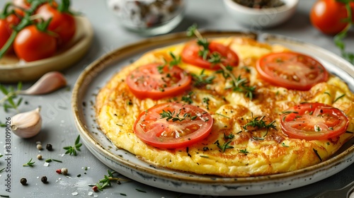 A golden omelette with tomato slices, beautifully arranged on the plate, ready to be served for breakfast or lunch. offering you the best morning meal experience. 