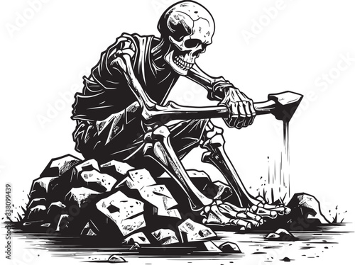 Skeleton Working on Stone Clean Graphic Design Bone Art on Solid Rock Whimsical Symbolism