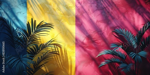 Tropical summer background with colorful wall, palm and stylish sunlight shadows. Luxury hotel resort exterior for product placement. Outdoor vacation holiday house scene. Nature aesthetic wallpaper