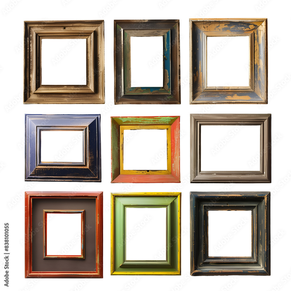 Set of Nine Colorful Wooden Picture Frames, Isolated on a Transparent Background, Graphic Resource Set of Nine Colorful Wooden Picture Frames, Isolated on a Transparent Background, Graphic Resource