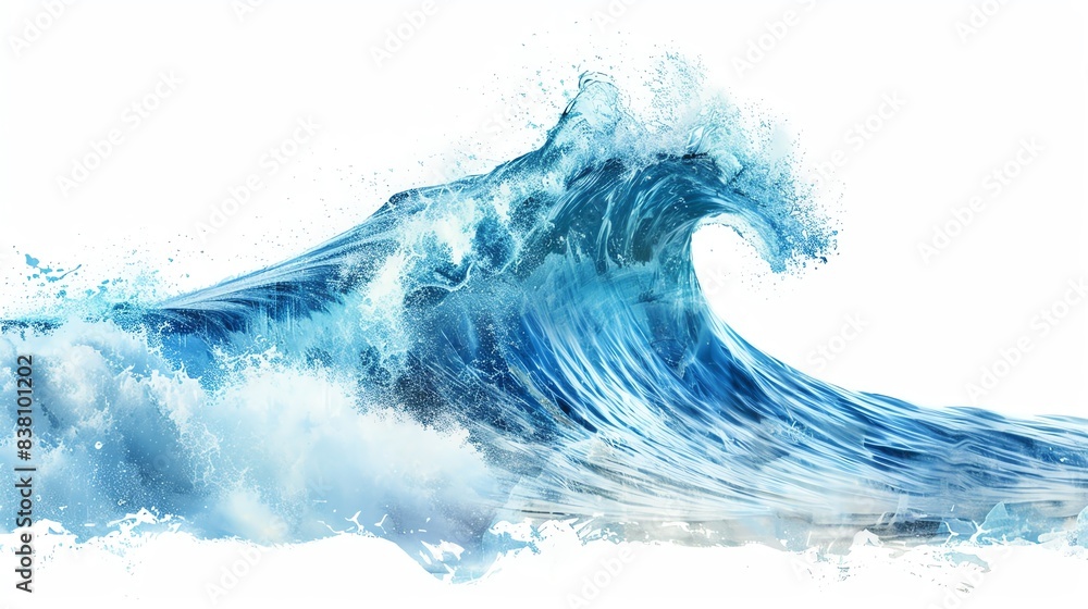 High-resolution image of a powerful blue ocean wave crashing against a white background, capturing the dynamic energy of the sea. High-resolution image of a powerful blue ocean wave crashing against a white background, capturing the dynamic energy of the sea.