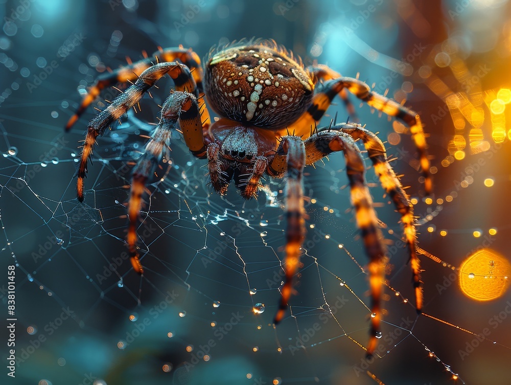 Close-up of a vibrant, brightly-colored spider on its intricate web, set against a blurred forest background with warm and cool tones. Close-up of a vibrant, brightly-colored spider on its intricate web, set against a blurred forest background with warm and cool tones.