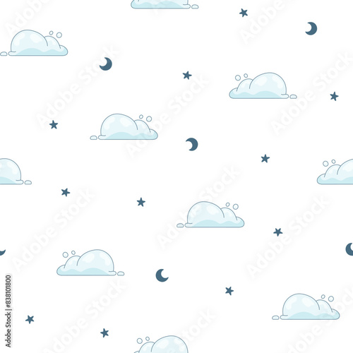 Cumulus cloud cartoon. Seamless pattern. Sky air symbol. Vector drawing. Design ornaments.