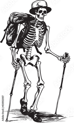 Skeletal Hiking Trail Modern Emblem Design Skeleton with Bagpack and Stick Stylish Vector Illustration