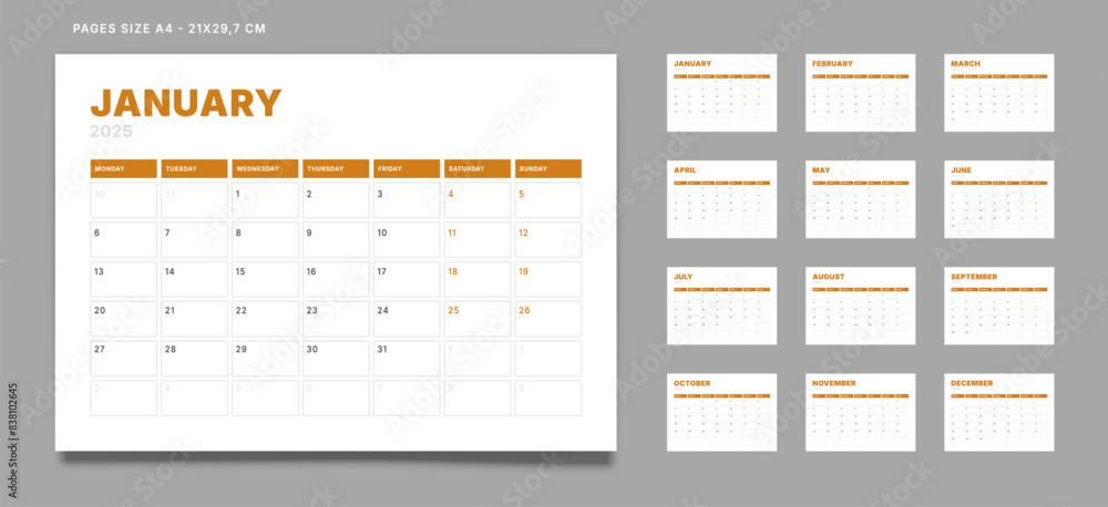 Set of 12 Pages Monthly Calendar Planner Templates on 2025 year with 2 weekend. Vector mockup of a wall or desktop calendar with the week start on Monday for print. Pages size A4-21x29.7cm Set of 12 Pages Monthly Calendar Planner Templates on 2025 year with 2 weekend. Vector mockup of a wall or desktop calendar with the week start on Monday for print. Pages size A4-21x29.7cm