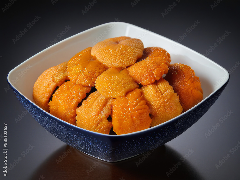 a bowl filled with vibrant orange sea urchin roe, also known as uni, displayed against a dark background. a bowl filled with vibrant orange sea urchin roe, also known as uni, displayed against a dark background.