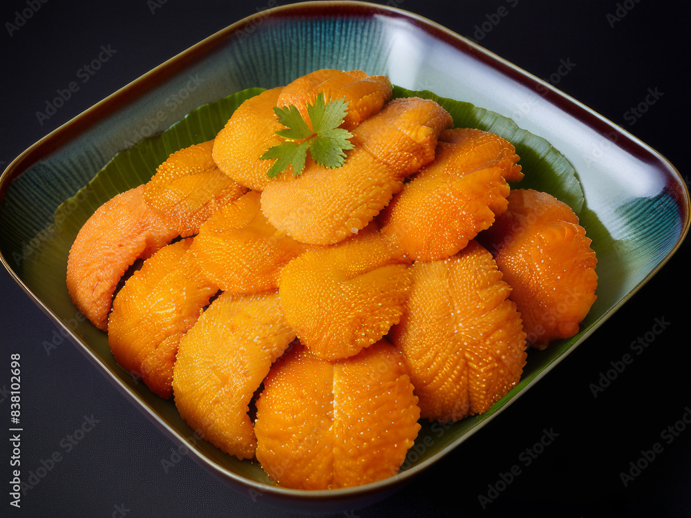 a bowl filled with vibrant orange sea urchin roe, also known as uni, displayed against a dark background. a bowl filled with vibrant orange sea urchin roe, also known as uni, displayed against a dark background.