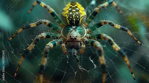 Close-up of a colorful spider on its web, showcasing intricate details and vibrant patterns against a blurred background.