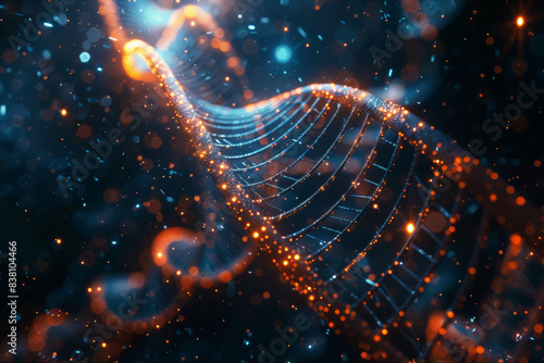 Abstract representation of DNA molecule with orange and blue glowing strands and particles, symbolizing genetic science and biotechnology. photo