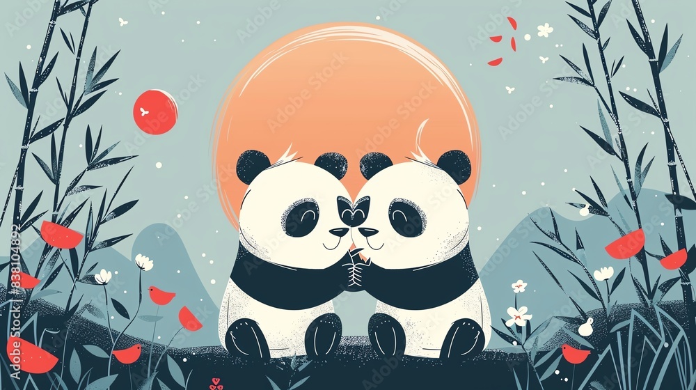 Bamboo and panda, vibrant colors, flat design, playful scene Bamboo and panda, vibrant colors, flat design, playful scene