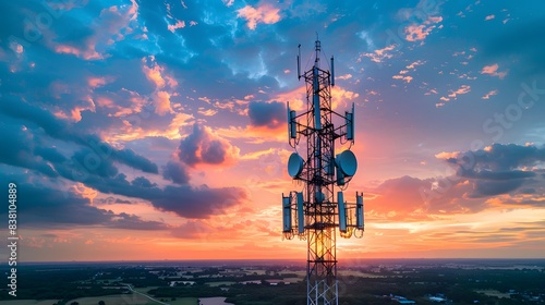 A modern cell tower with several dishes and antennas against the backdrop of blue sky at sunset. A telecommunication structure, with an aerial tower made from steel beams and metal plates. photo