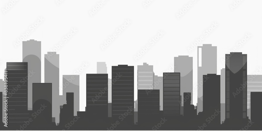 A black and white silhouette of a city skyline against a pale sky, showcasing the architectural diversity of the cityscape.