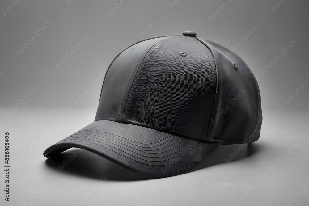 Obraz premium Mockup of a black baseball cap on a gray background.