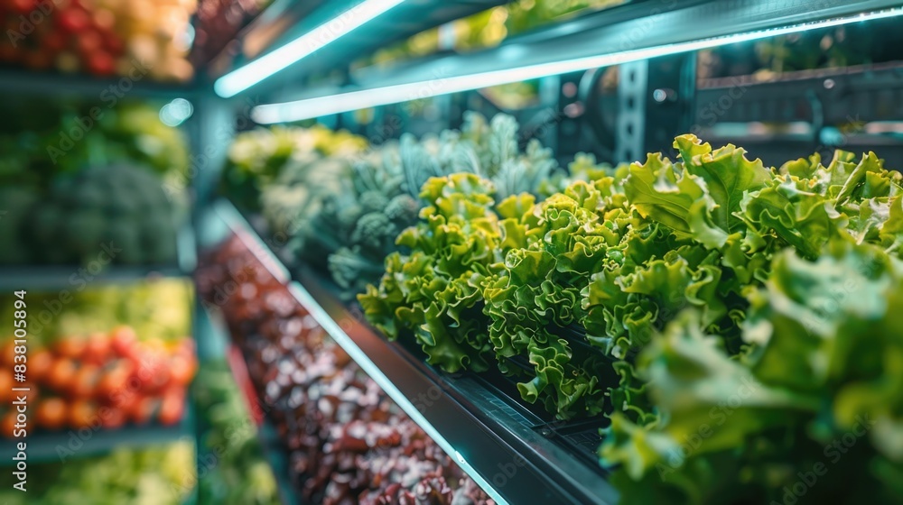 Vertical farm facility, showcasing rows of leafy greens and herbs growing vertically in stacked layers under artificial lighting Vertical farm facility, showcasing rows of leafy greens and herbs growing vertically in stacked layers under artificial lighting