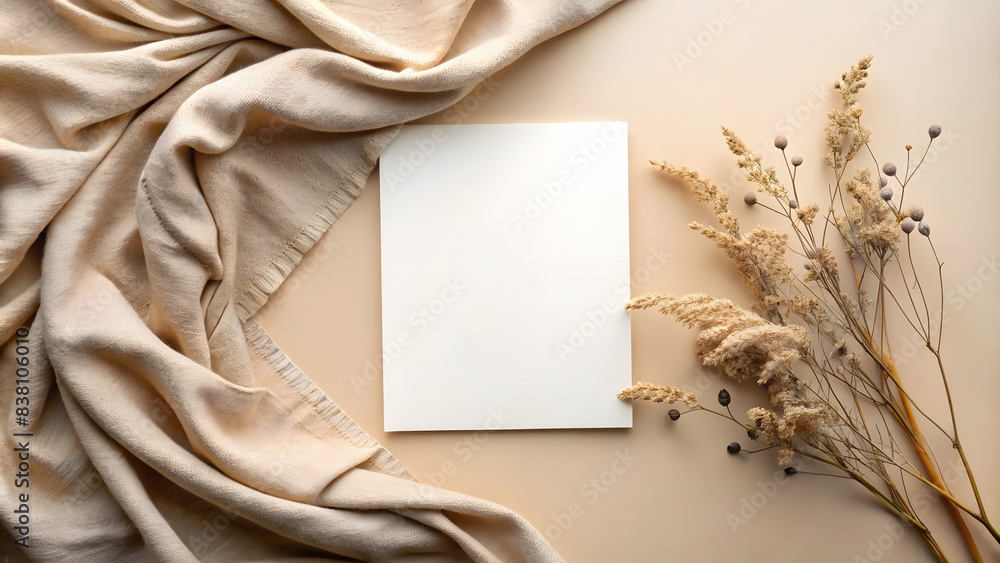 Wedding invitation mockup with flowers, mockup on beige background Wedding invitation mockup with flowers, mockup on beige background