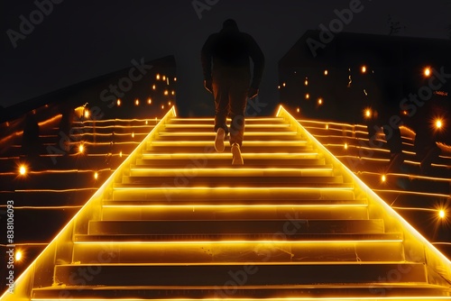 A man running up the stairs in light, illuminated with yellow lights against a night sky background photo