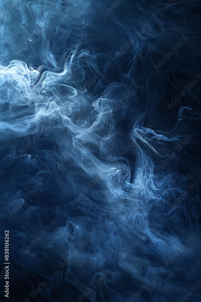 Abstract image of swirling blue smoke against a dark background. Curved, wispy patterns create an ethereal and mysterious atmosphere.