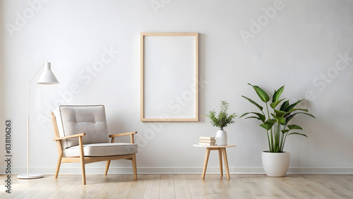 Mockup empty frame on a white background in a room with a modern interior. Nearby there is an armchair and a table with a plant.