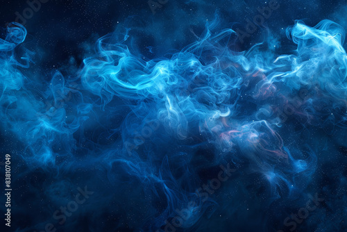 A stunning abstract background with swirling blue smoke and wisps against a dark starry night sky, creating a dreamy and ethereal atmosphere.