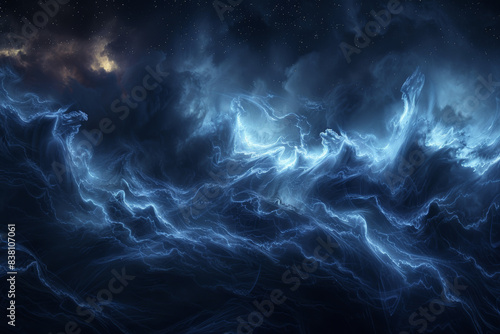 A mesmerizing digital artwork depicting a turbulent ocean made of electric blue waves against a starry night sky, evoking a sense of mystery and wonder. © tonstock