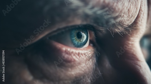 Extreme close-up of a blue-eyed man with focused gaze, highlighting the detailed iris and surrounding skin photo