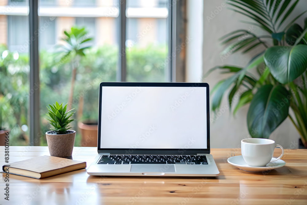 Laptop mockup with blank screen on table with green plant Laptop mockup with blank screen on table with green plant