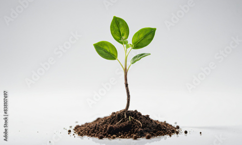 Eco-Friendly Banner, Young Plant Emerging from Soil on white background , ‘Growth, Ecology, Fresh Start, New Life’